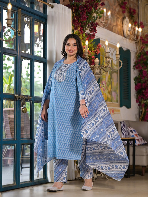 Women Plus Size Blue Pure Cotton Kurta Set With Dupatta
